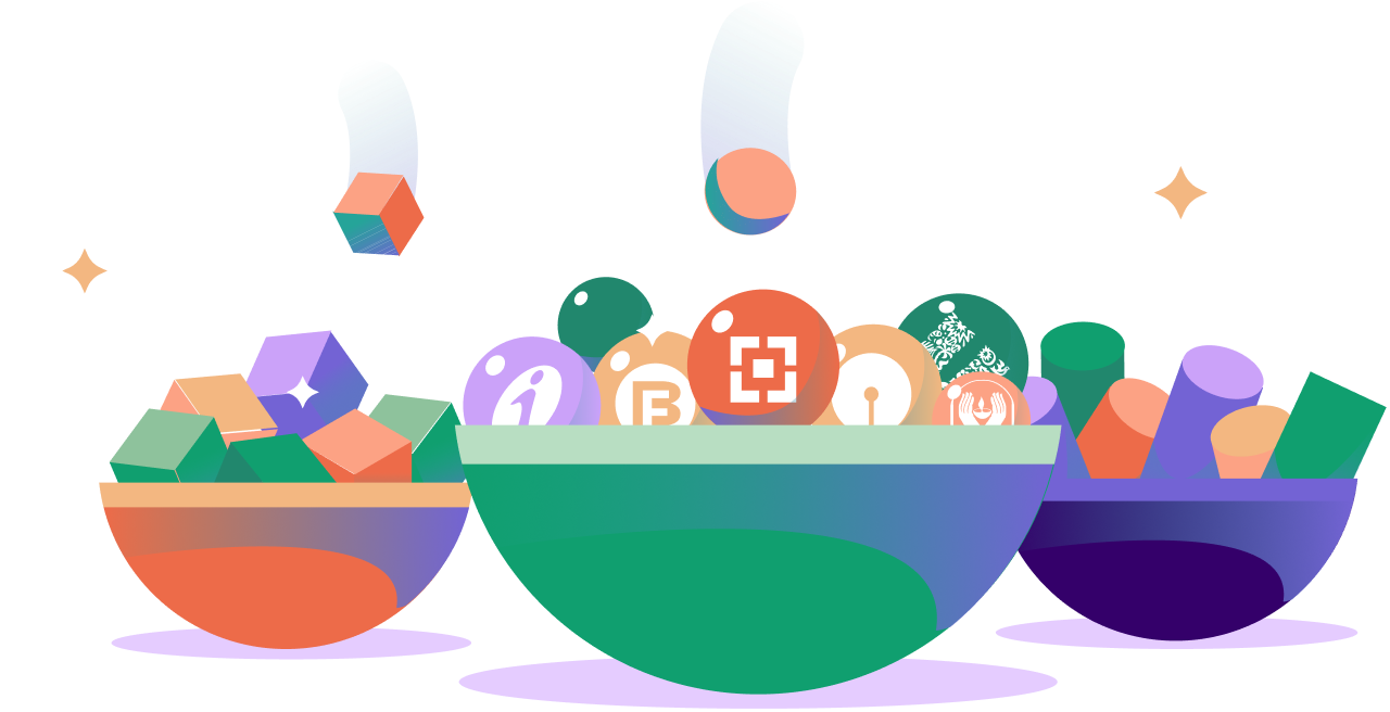Three investment baskets filled with financial assets
