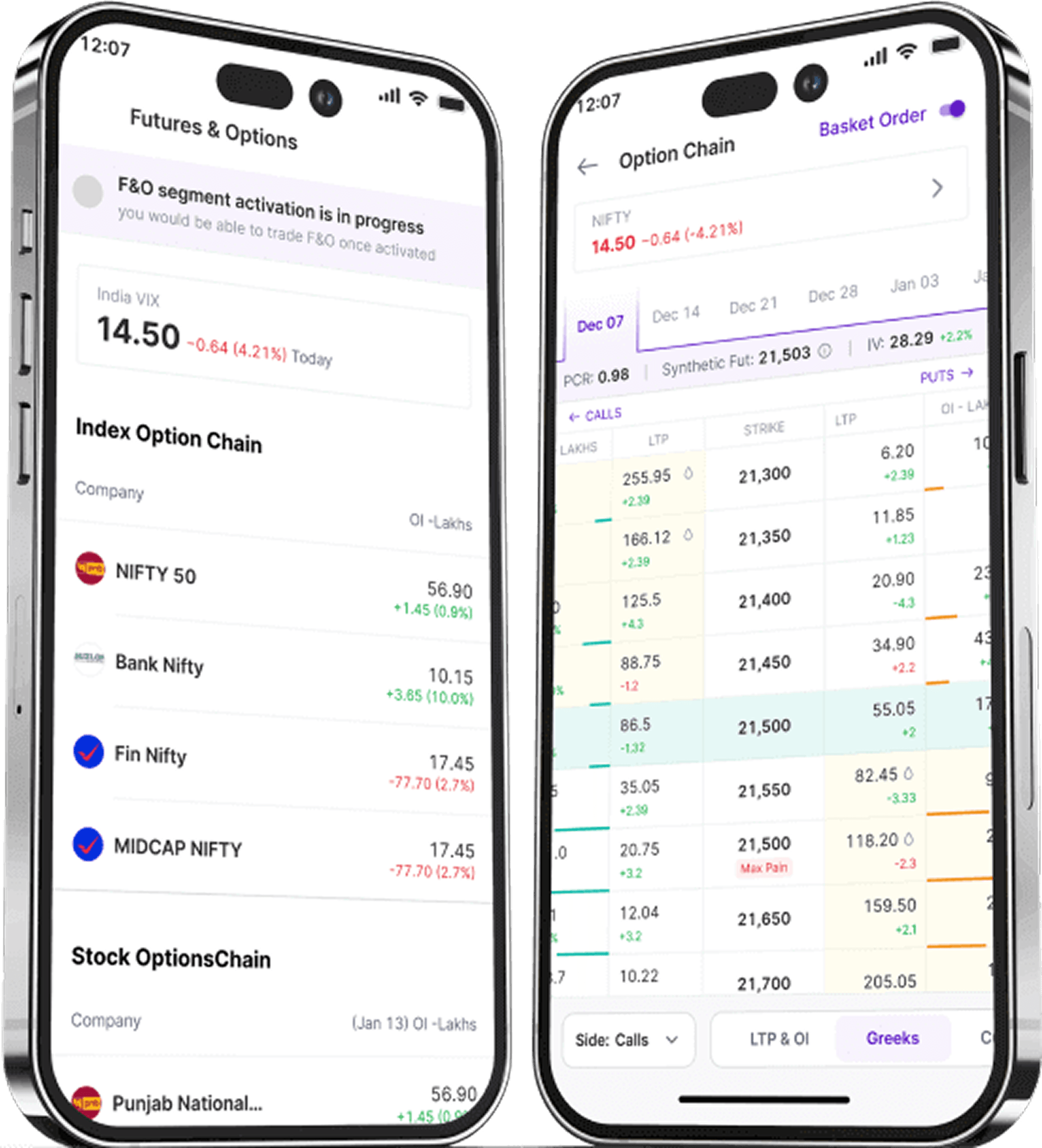 PhonePe Invest F&O and option chain screens